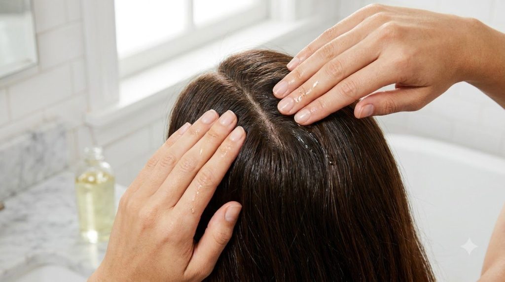 A person s hands gently massaging the DIY aloe vera hair oil into a scalp with long healthy-looking hair