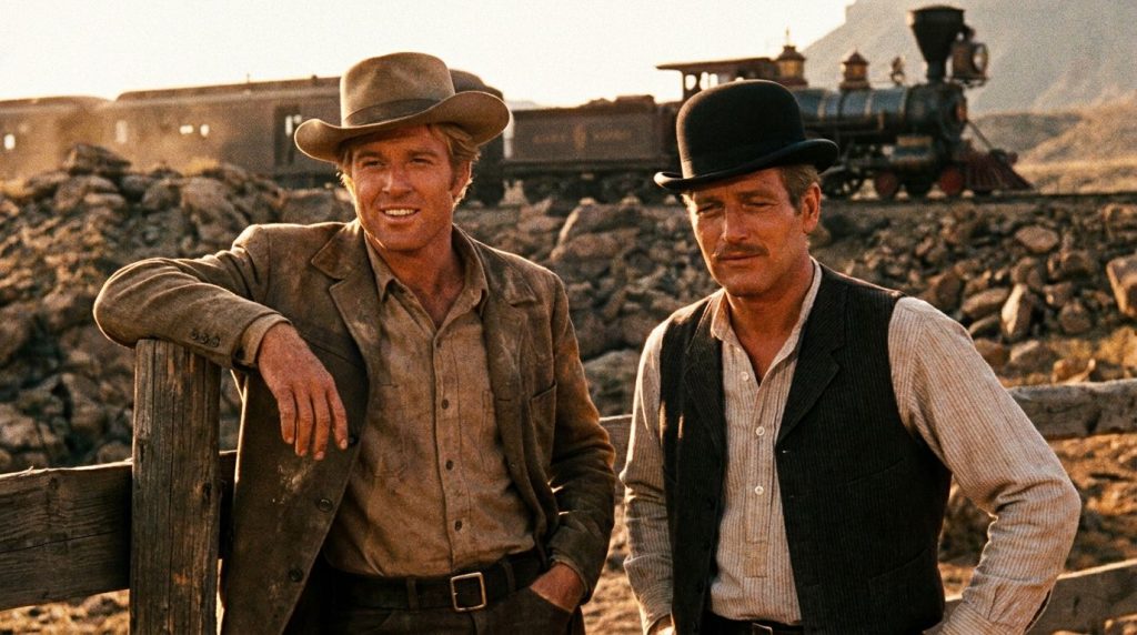 A real film still of Robert Redford from Butch Cassidy and the Sundance Kid alongside Paul Newman