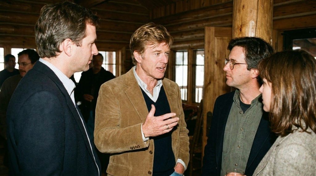 A real archival photo of Robert Redford at the Sundance Film Festival possibly interacting with filmmakers or press