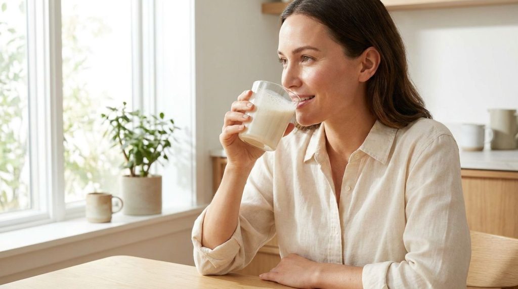 A woman smiling while drinking from a glass of the beauty drink looking fresh and radiant