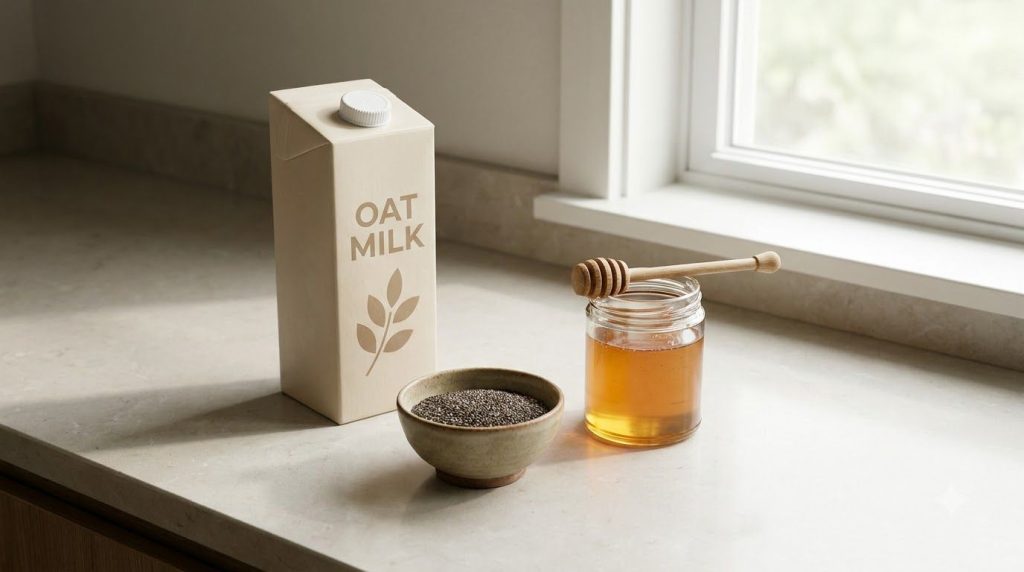 Ingredients laid out a carton of plant-based milk a bowl of chia seeds and a small jar of honey
