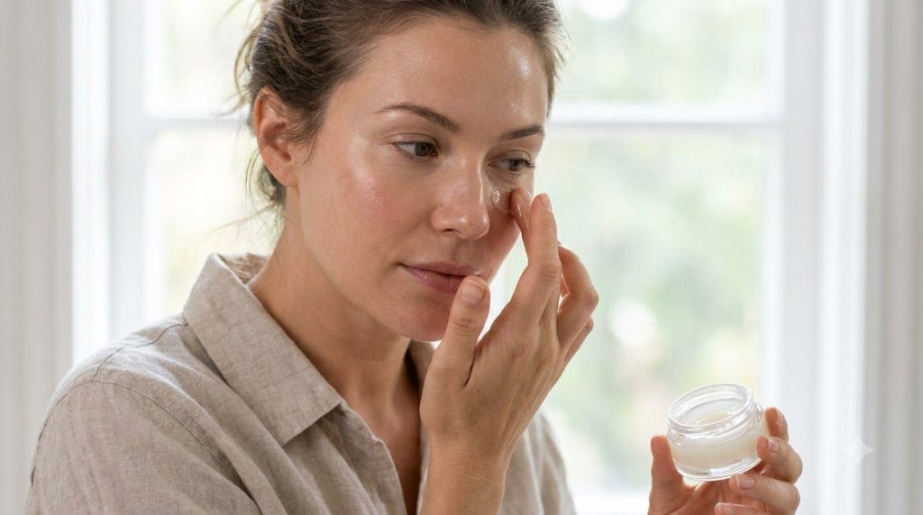 Close-up of a woman gently applying a tiny amount of the Vaseline clove oil blend to a targeted area of her face such as