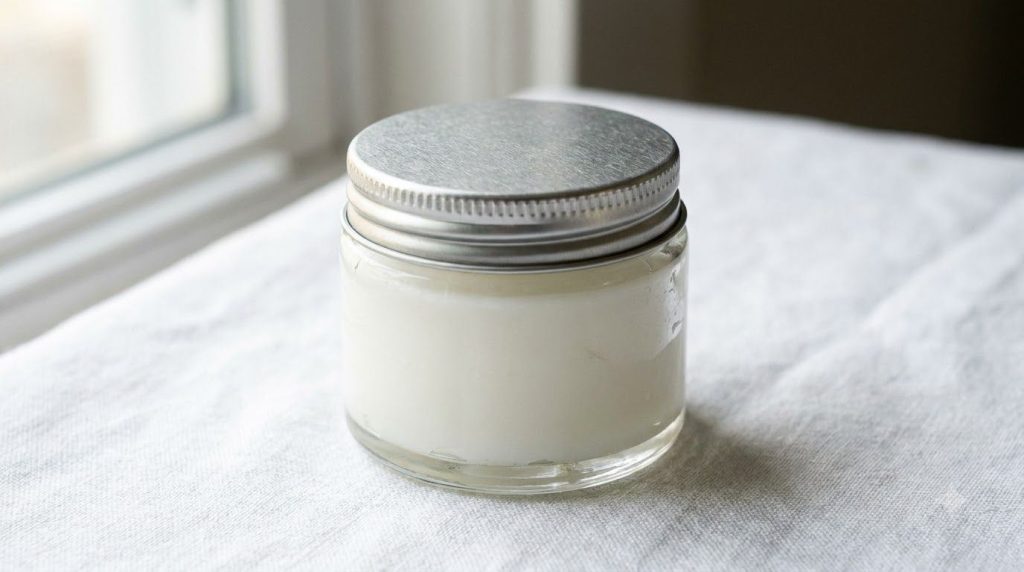 A small clean glass jar filled with the freshly mixed Vaseline and clove oil balm ready for storage