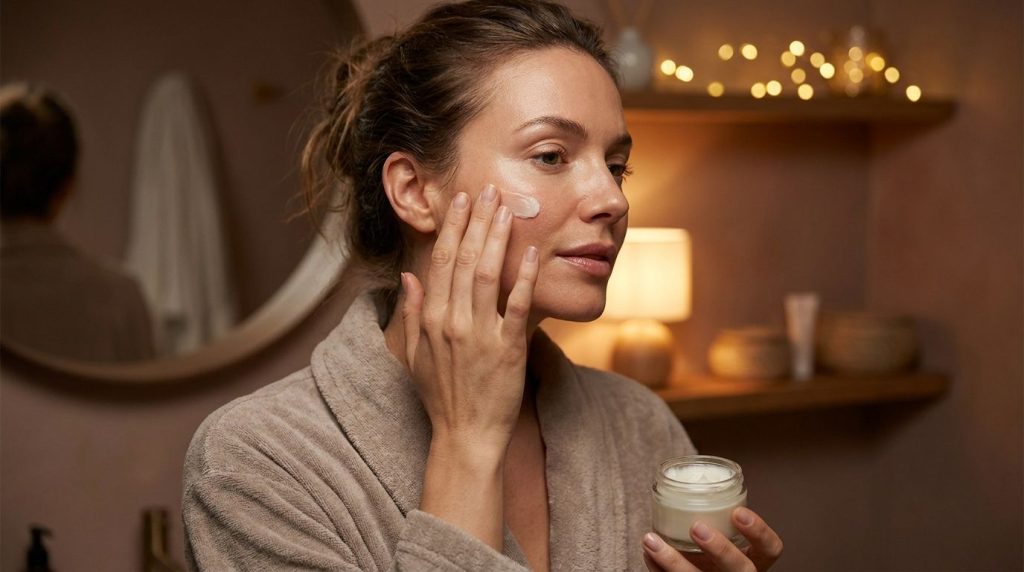 A woman gently applying the DIY balm to her face as part of her evening skincare routine Her skin looks soft and hydrate