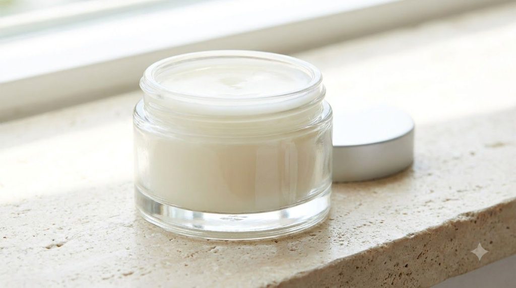 A small clean jar filled with the freshly mixed Vaseline and baby oil balm The texture looks smooth and glossy ready for