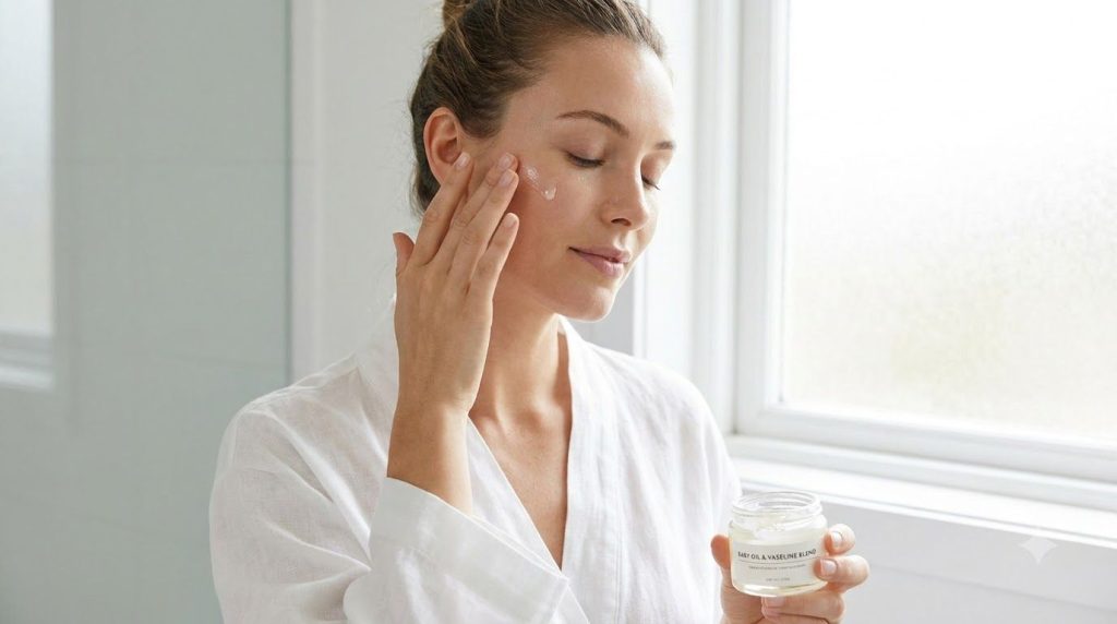 A woman with glowing clear skin gently applying the baby oil and Vaseline mixture to her cheek demonstrating careful app