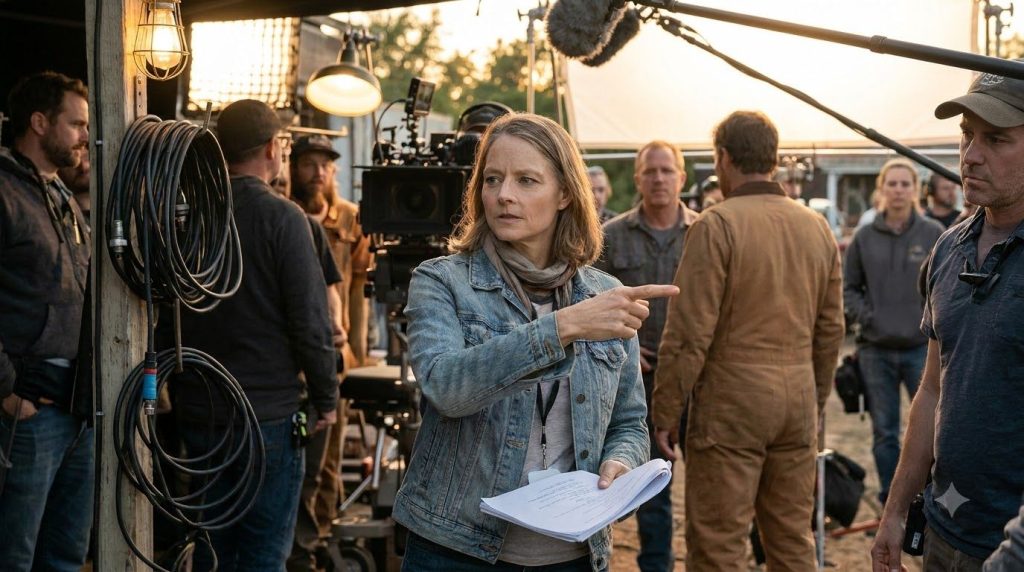Jodie Foster directing a film set looking focused and giving instructions