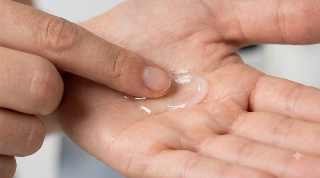 A close-up of a person s fingers gently blending a small amount of baby oil and Vaseline in the palm of their hand showi