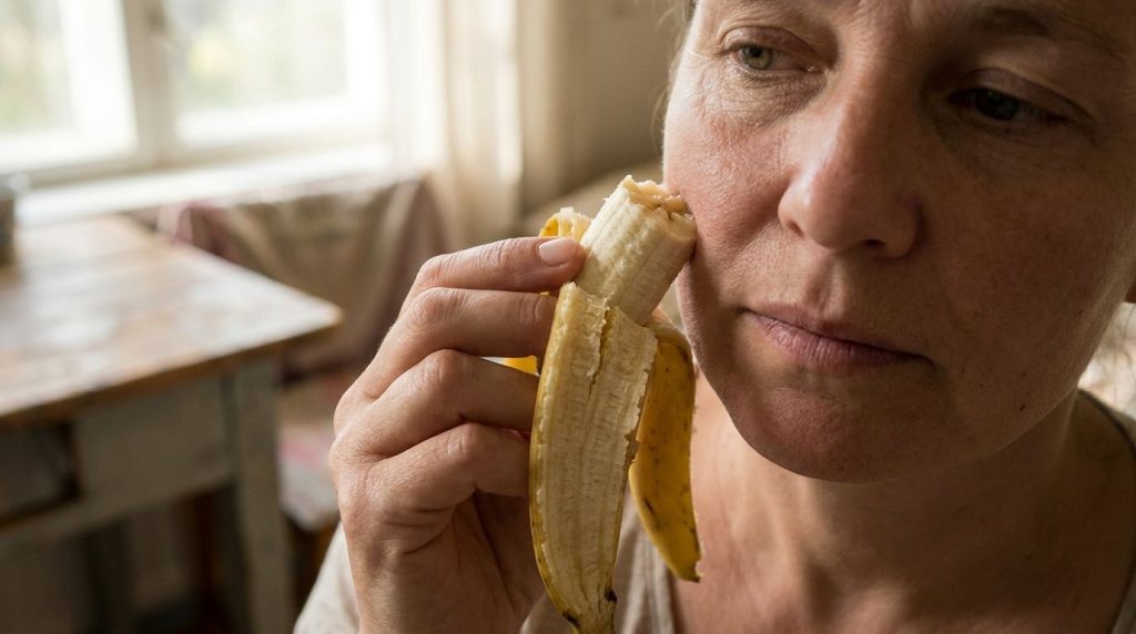 A person s hand gently applying the inside of a banana peel to their cheek showcasing the moisturizing aspect The backgr