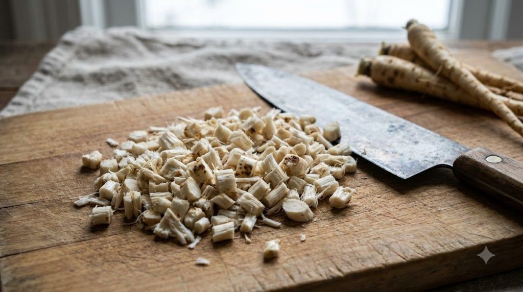 Close-up of freshly chopped Common Mallow roots on a wooden cutting board with a knife ready for preparation