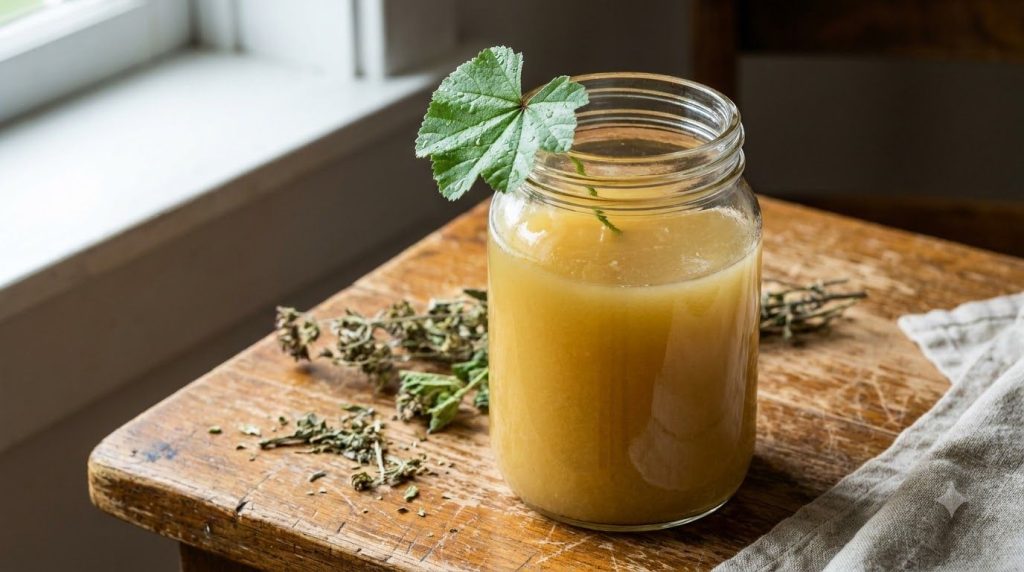 A clear glass jar filled with a thick yellowish mallow root decoction garnished with a single fresh mallow leaf on a rus