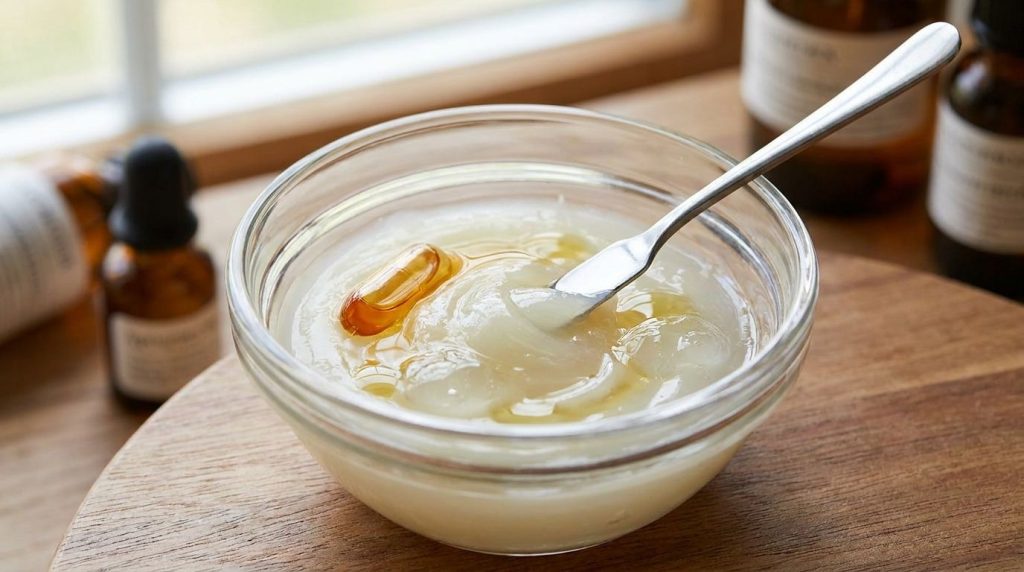 Close-up shot of a small glass bowl where Vaseline Vitamin E oil aloe vera gel and sweet almond oil are being mixed toge