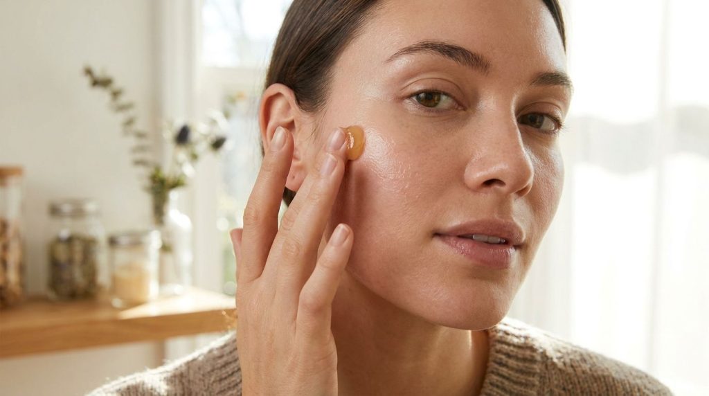 A woman gently applying a small amount of the homemade Vaseline balm to her cheekbone and under her eye area with her fi