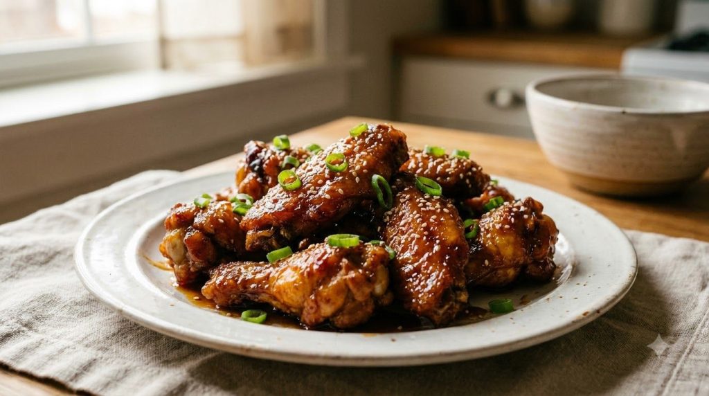 A close-up shot of a plate of glistening Slow Cooker Honey Garlic BBQ Wings garnished with chopped green onions and sesa