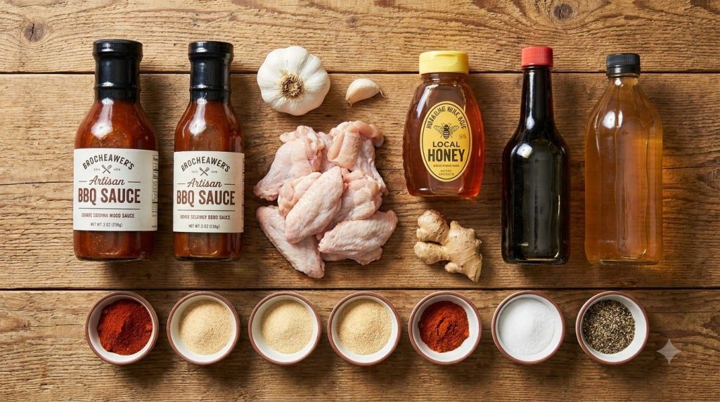 A flat lay image showing all the ingredients for honey garlic BBQ wings laid out on a kitchen counter raw chicken wings 