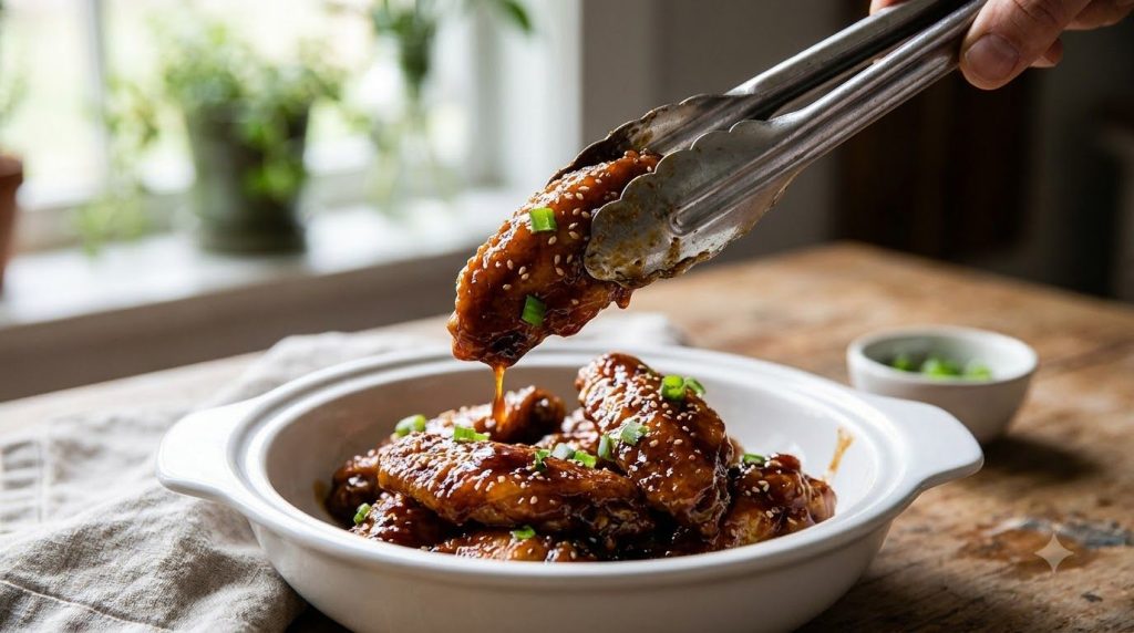 A pair of tongs lifting a perfectly glazed and crispy honey garlic BBQ wing from a bowl with more wings visible in the b