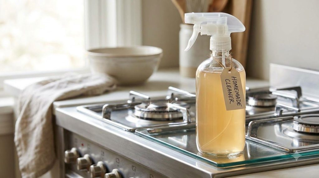 A spray bottle filled with a homemade cleaning solution next to a clean sparkling stovetop