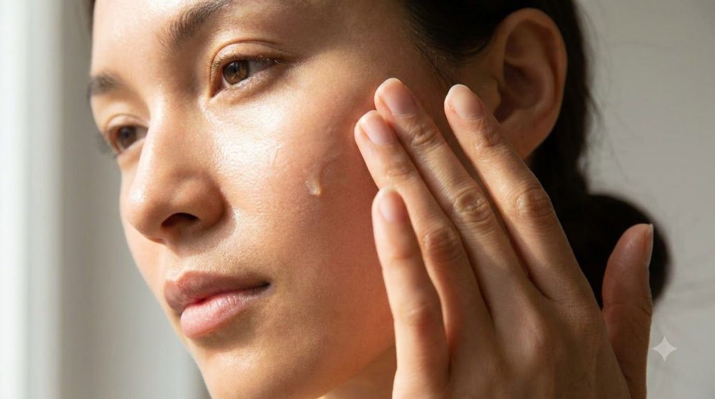 Close-up of a person gently massaging a homemade oil into their face focusing on areas prone to fine lines The skin look