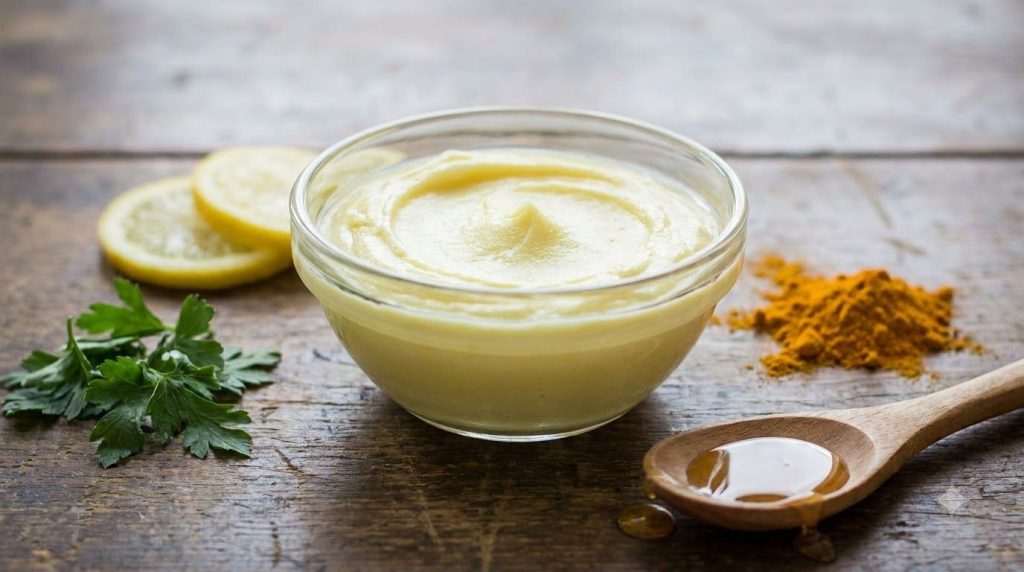 A close-up shot of a small bowl containing the freshly prepared DIY youthful skin balm with a creamy texture surrounded 