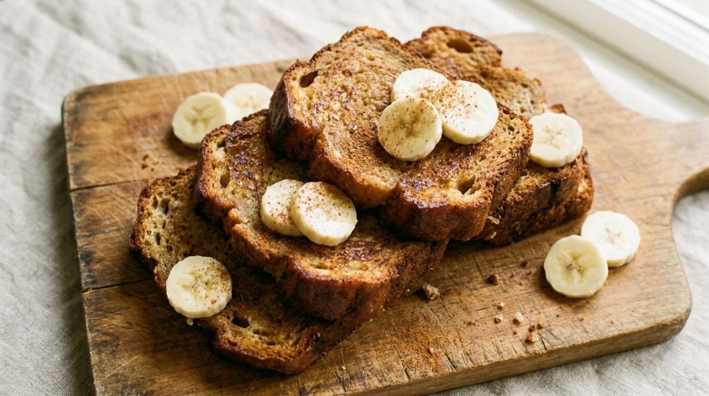 A stack of warm golden-brown pan-cooked banana bread slices on a wooden board with a sprinkle of cinnamon and fresh bana
