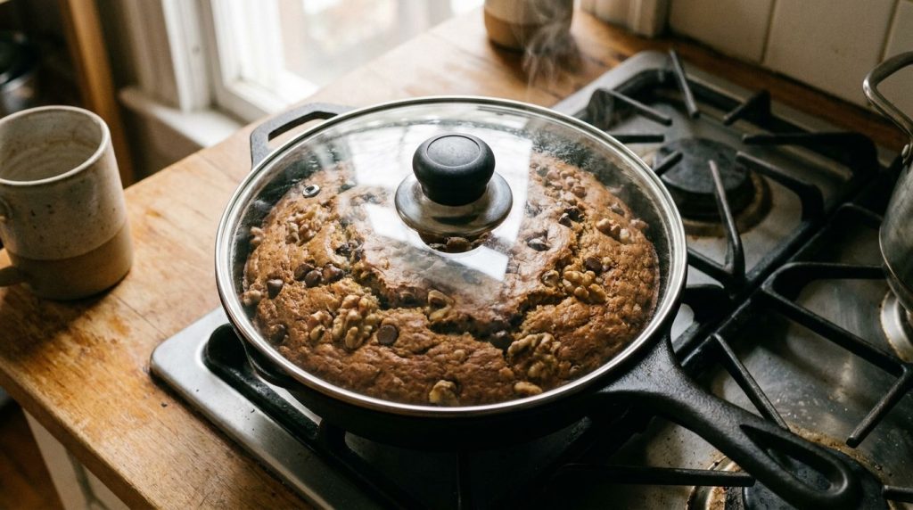 A close-up of the pan-cooked banana bread cooking in a non-stick skillet covered with a clear lid
