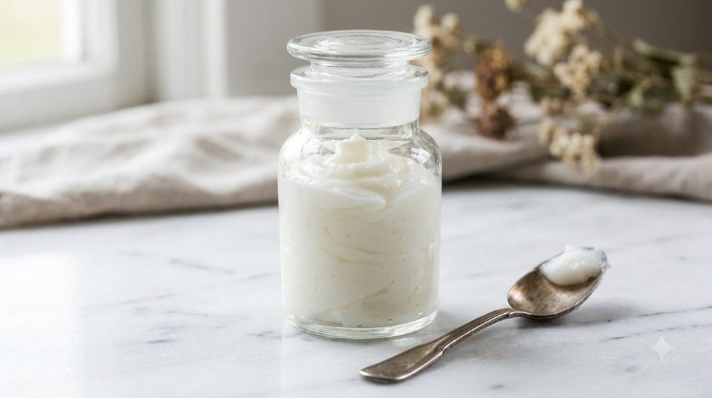 A close-up of a small glass jar containing the freshly made creamy DIY Vaseline and Aloe Vera balm with a spoon resting 