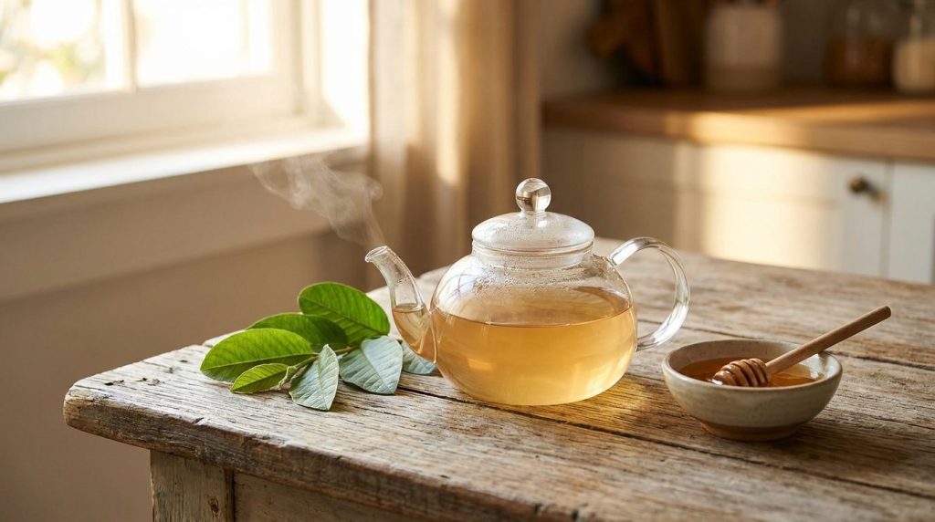 A clear glass teapot with light brown guava leaf tea steaming gently next to a few fresh guava leaves and a small bowl o