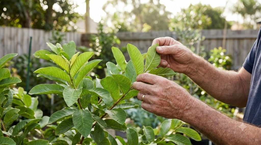 A person carefully examining guava leaves for damage or pests before harvesting emphasizing the importance of choosing h