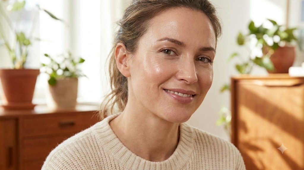 A woman with glowing radiant skin smiling softly showcasing the results of consistent hydration and a healthy beauty rou