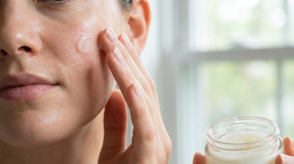 A person s hand gently applying the Vaseline and baby oil blend to their cheek showing the smooth hydrated texture on th