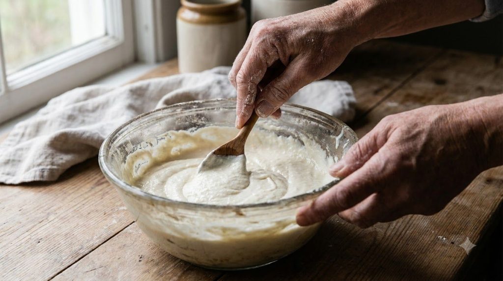 Hands mixing petroleum jelly baby oil and ground powders in a small glass bowl with a spoon creating a creamy beauty bal