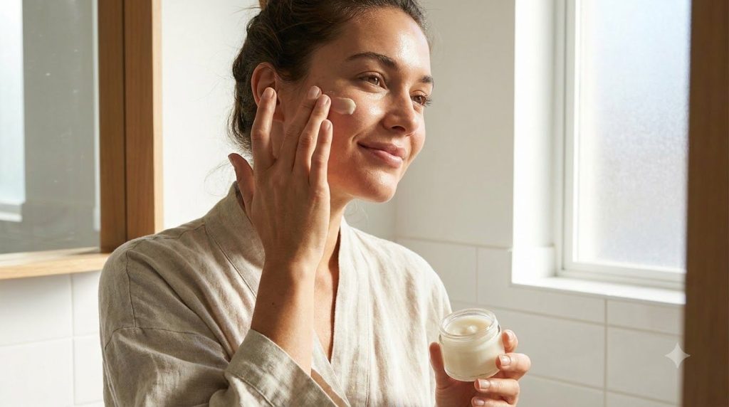 A woman gently applying a small amount of the homemade balm to her cheek with her fingertips showing a radiant complexio