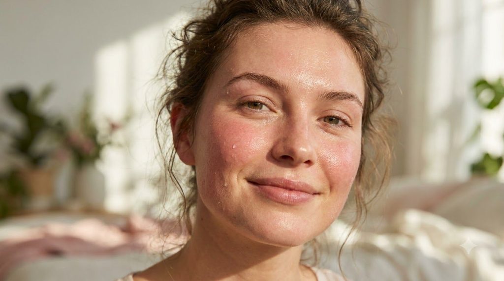 A close-up of a woman s face in the morning showing clear hydrated and glowing skin with soft natural light