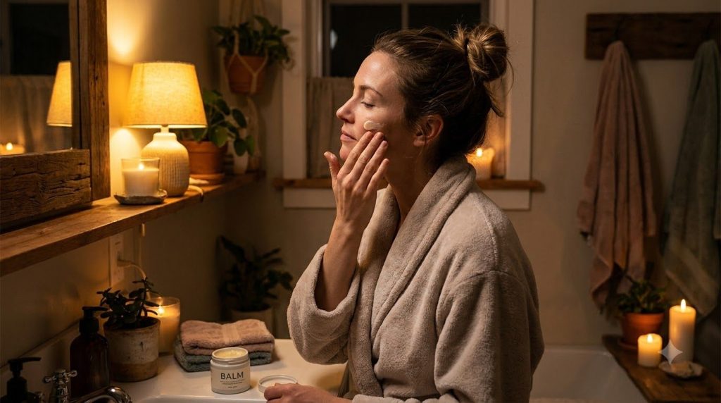 A woman gently massaging the Vaseline and baby oil mixture onto her face at night with a soft warm glow on her skin