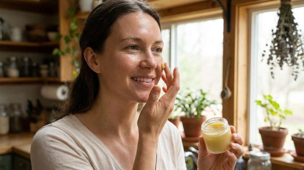 A woman gently applying a small amount of balm to her cheek demonstrating the usage of the homemade product Her skin loo