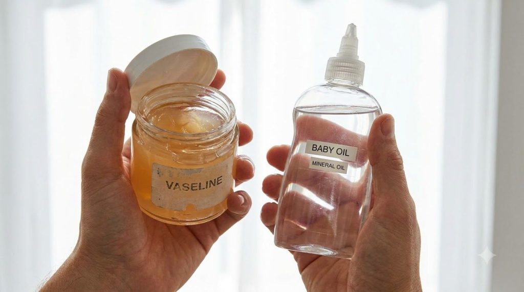 Close up of a hand holding a jar of Vaseline and another hand holding a bottle of baby oil showing the two main ingredie