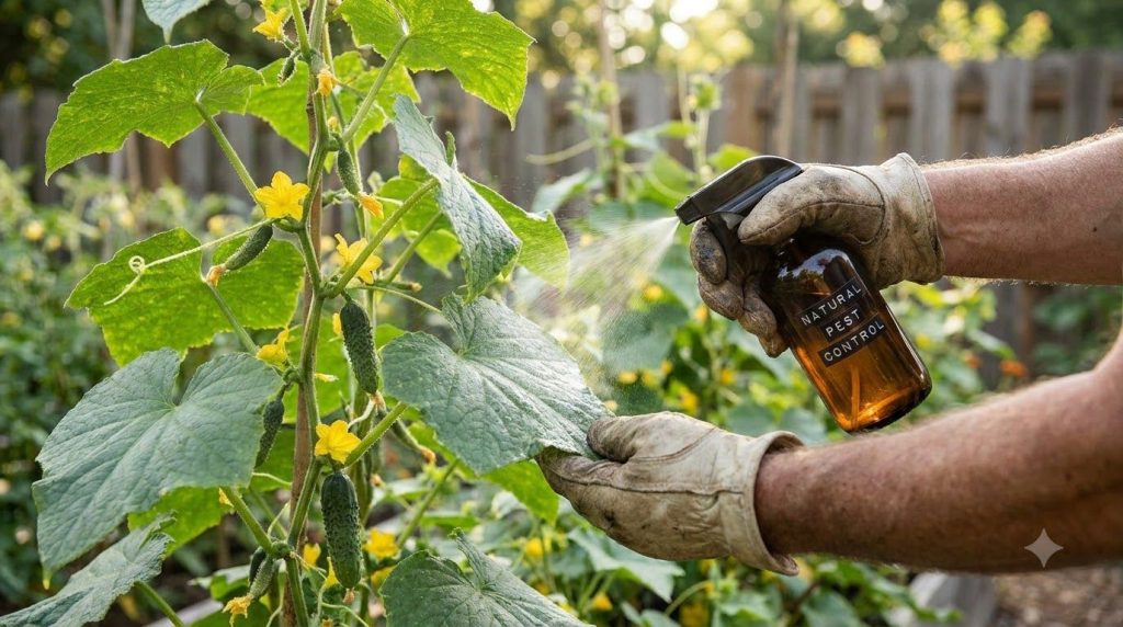 A gardener spraying neem oil or insecticidal soap on cucumber leaves to demonstrate organic pest control