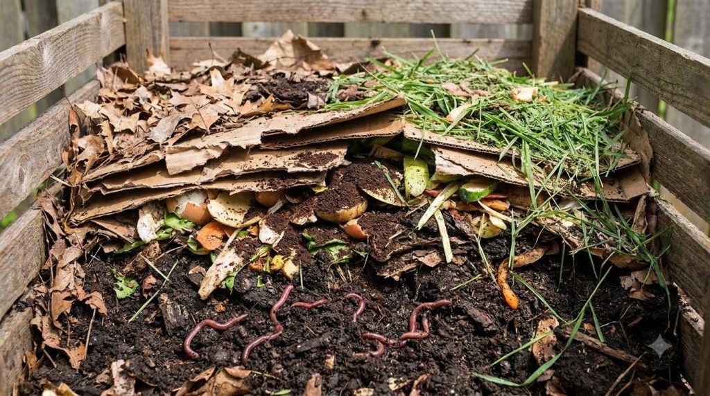Close-up of a well-maintained compost pile in a DIY bin showing various layers of brown and green materials with earthwo