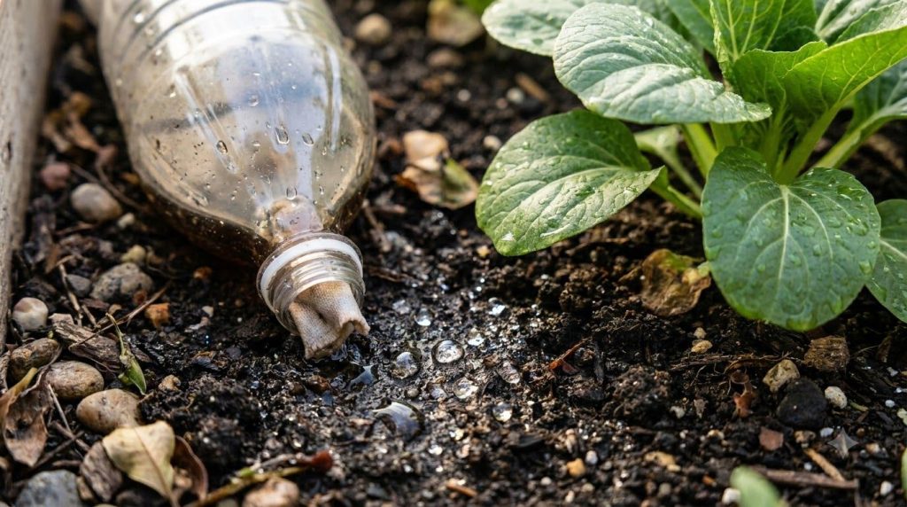 A close-up of a self-watering system in a garden bed showing an inverted plastic bottle partially buried next to a thriv