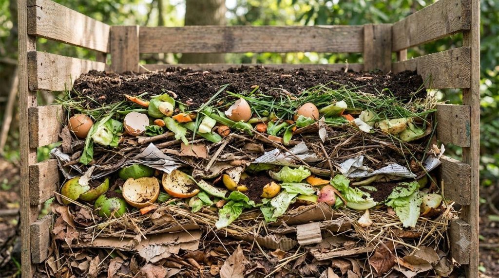 Close-up of a layered compost pile showing distinct layers of greens e g fruit and vegetable scraps and browns e g dried