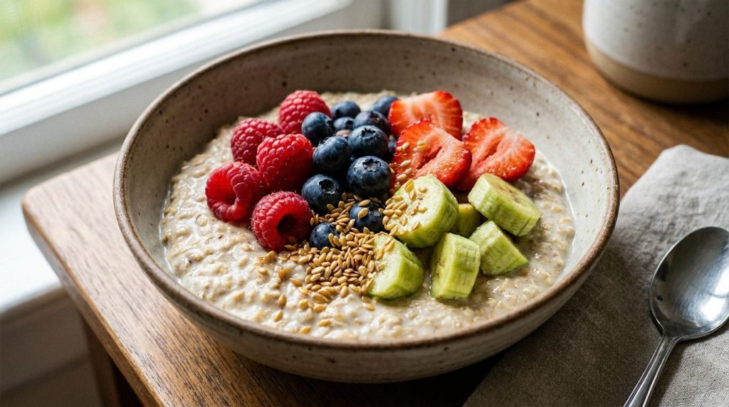 A close-up shot of a healthy bowl of overnight oats topped with fresh berries sliced green banana and sprinkled flaxseed