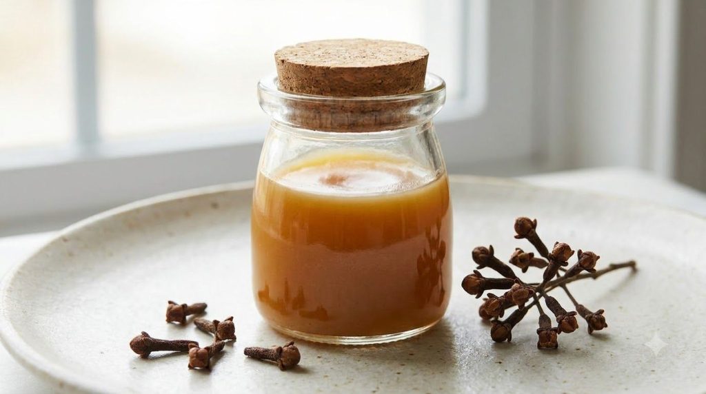 A close-up of a small glass jar filled with the finished clove-infused Vaseline balm showing a smooth creamy texture wit