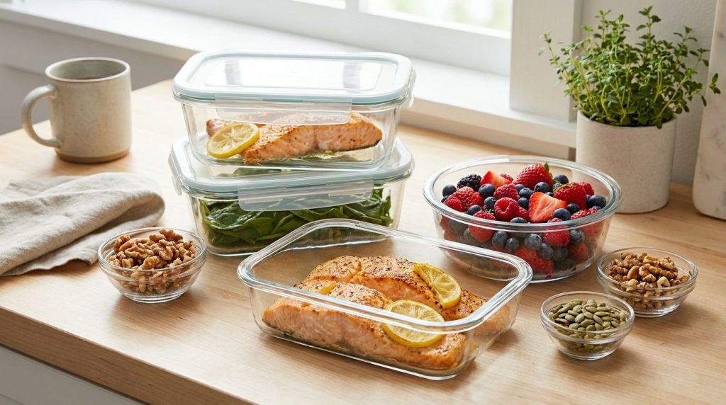 A vibrant healthy meal prep spread featuring various nutrient-rich foods like cooked fatty fish fresh spinach a bowl of 