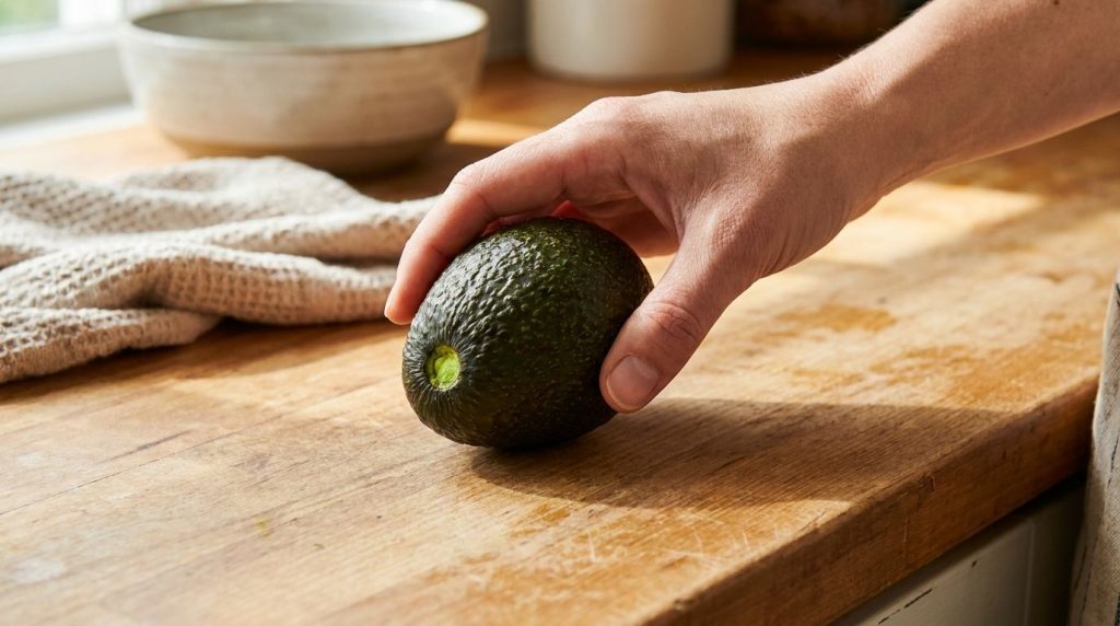A hand gently squeezing a perfectly ripe avocado showing its dark green skin and the stem cap removed to reveal green un