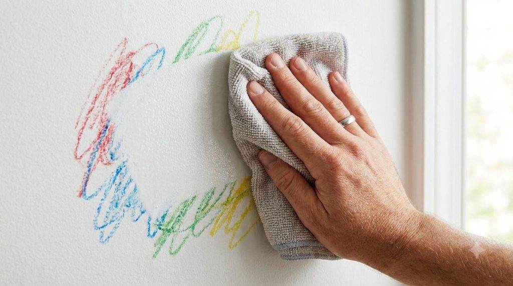 Close-up of a person gently scrubbing crayon marks off a white wall with a soft cloth and the homemade paste The wall sh
