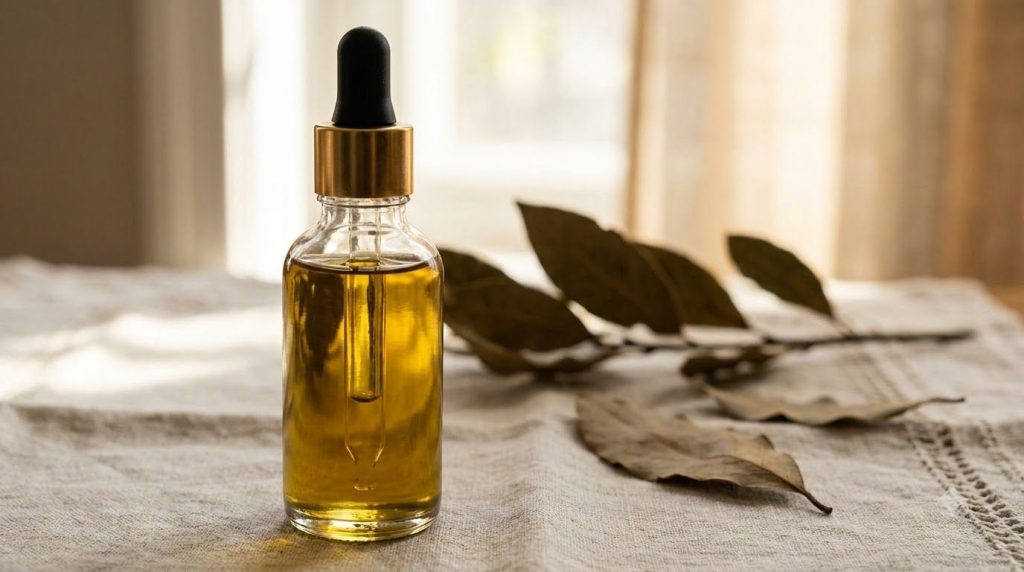 A small glass bottle of finished bay leaf oil with bay leaves in the background showcasing the final product