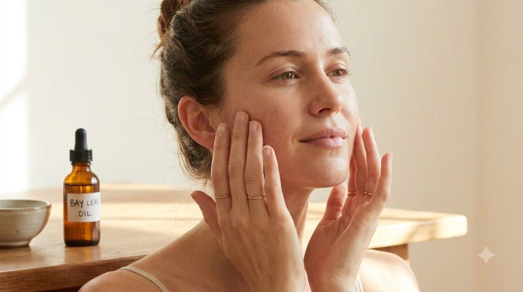 A person gently applying the homemade bay leaf oil to their face illustrating the How to Use It section