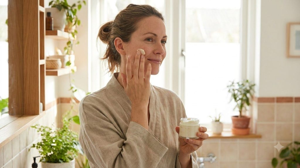 A woman gently applying the homemade Vitamin E and Vaseline cream to her face