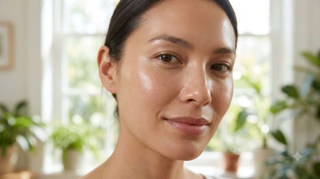 A close-up of a woman s face with visibly smooth radiant and hydrated glass skin reflecting light beautifully showing a 