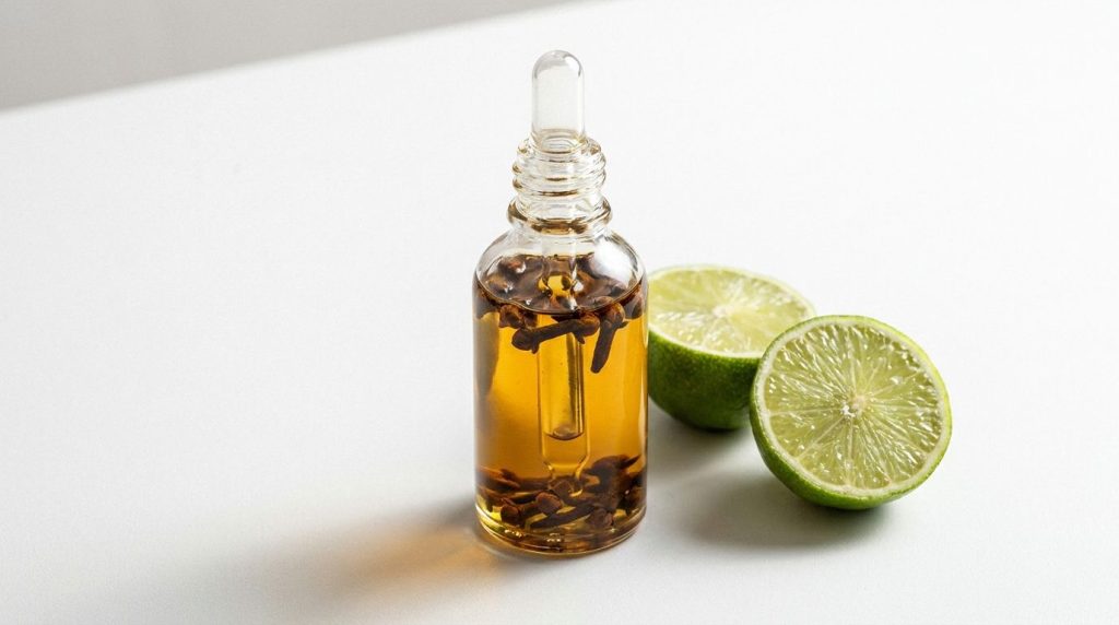 A small clear glass bottle filled with a golden liquid and cloves with a dropper cap placed next to a couple of lime hal